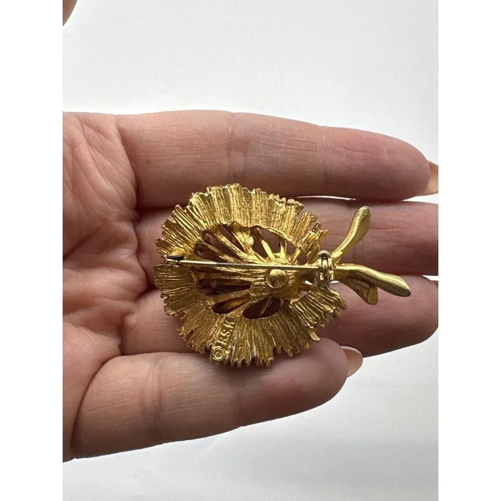 Vintage BSK‎ Goldtone Aurora Borealis Rhinestone Faux Pearl Flower Brooch J169